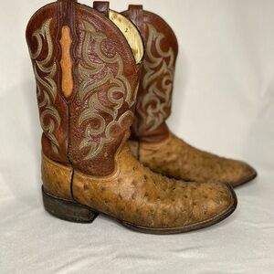 Justin Boots Two-Tone Brown and Tan Ostrich Western Boots 10D